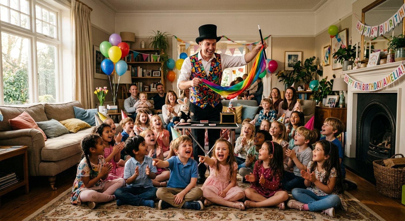 קוסם לילדים עם כובע צילינדר מבצע קסם עם מטפחת צבעונית מול קבוצת ילדים נרגשים וצוחקים במסיבת יום הולדת בסלון הבית.