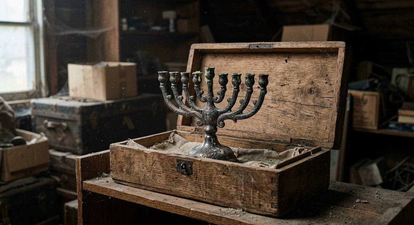 חנוכיית כסף עתיקה ומעוטרת מונחת בתוך תיבת עץ פתוחה וישנה בעליית גג מאובקת