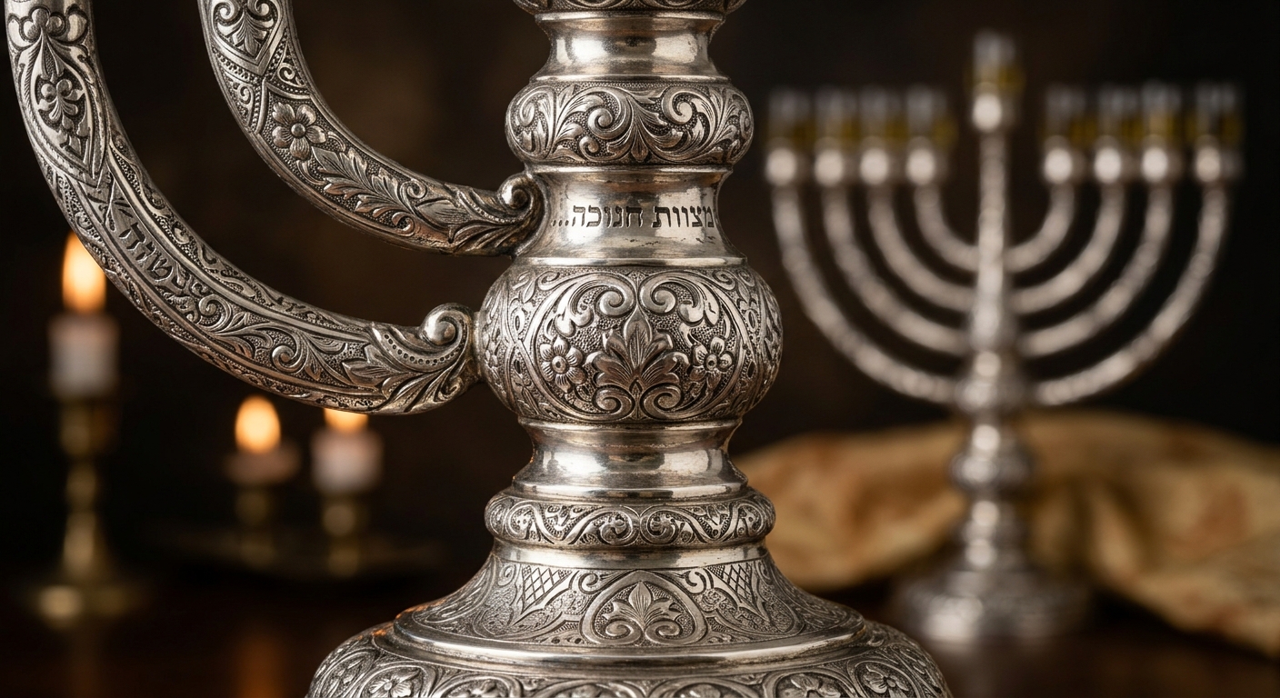 תקריב של חנוכיית כסף מהודרת ומעוטרת עם חריטת המילים 'מצוות חנוכה', על רקע חנוכיה נוספת ונרות דולקים.